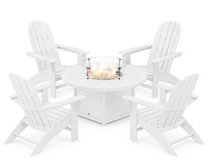 POLYWOOD® Vineyard Curveback Adirondack 5-Piece Conversation Set with Fire Pit Table in White