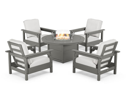 POLYWOOD® Club 5-Piece Conversation Set with Fire Pit Table in Slate Grey / Natural Linen