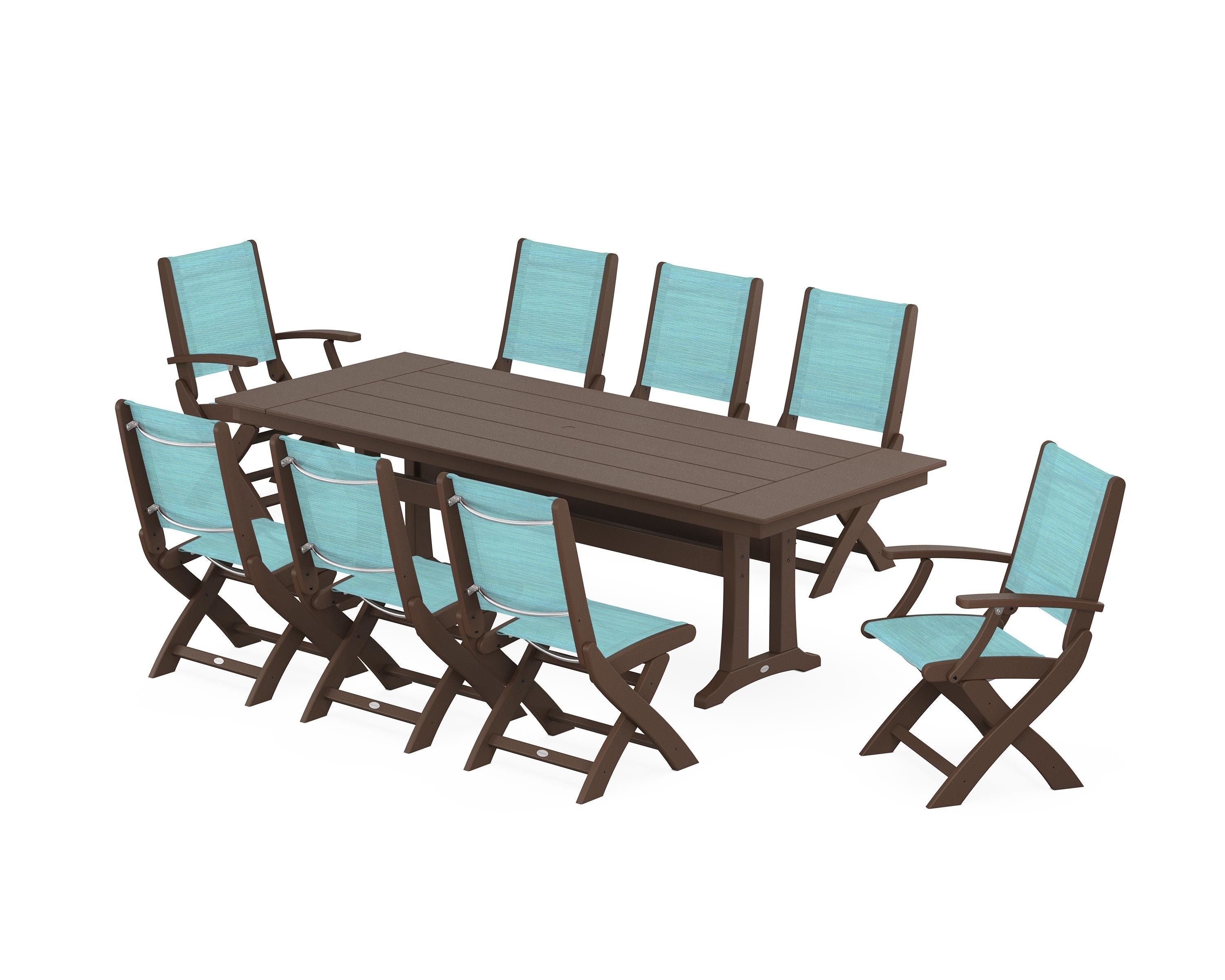 POLYWOOD® Coastal 9-Piece Folding Dining Chair Farmhouse Dining Set with Trestle Legs in Mahogany / Dupioni Aquamarine Sling
