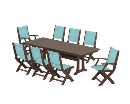 POLYWOOD® Coastal 9-Piece Folding Dining Chair Farmhouse Dining Set with Trestle Legs in Mahogany / Dupioni Aquamarine Sling