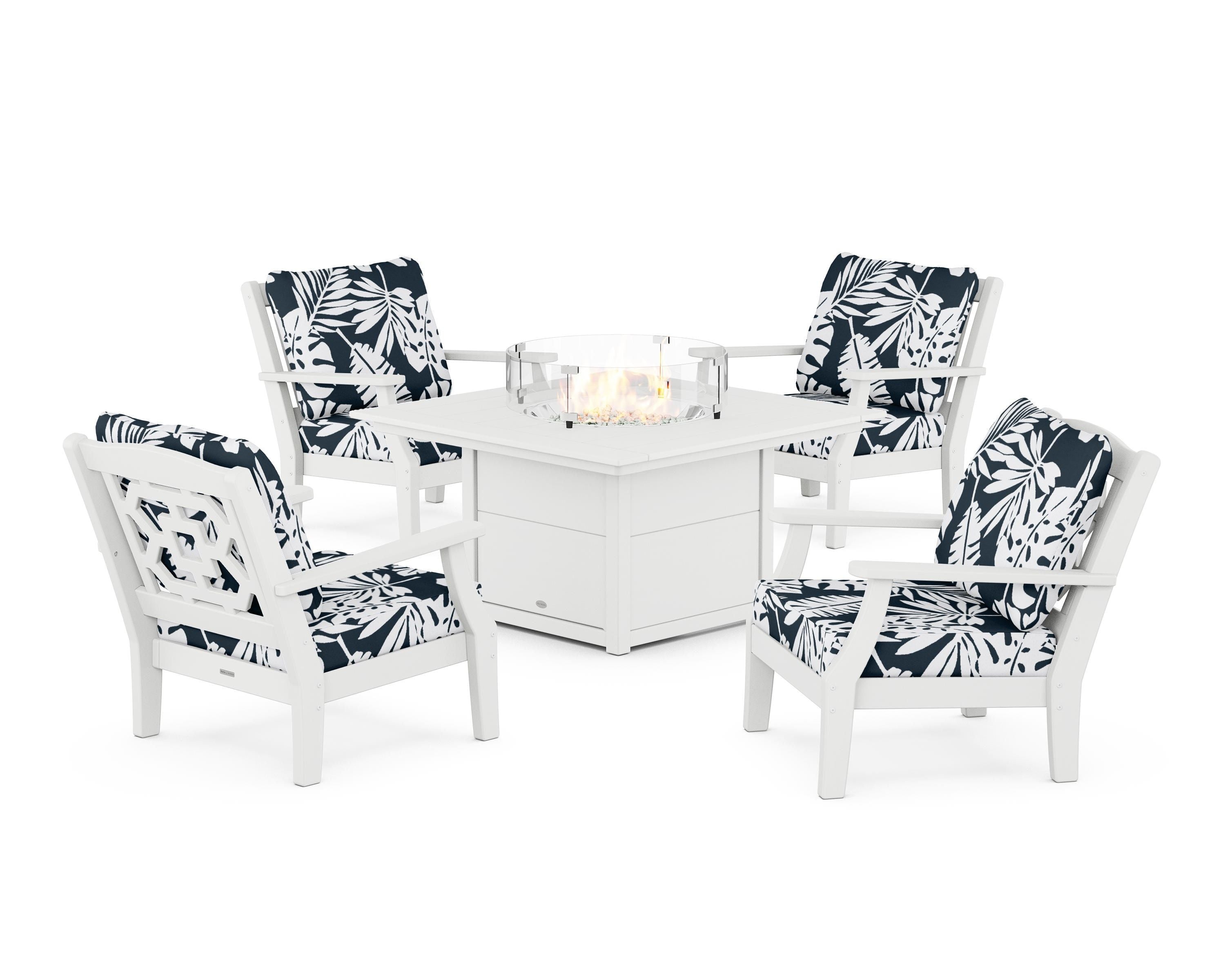 Martha Stewart by POLYWOOD® Chinoiserie 5-Piece Deep Seating Set with Fire Pit Table in White / Leaf Marine Indigo