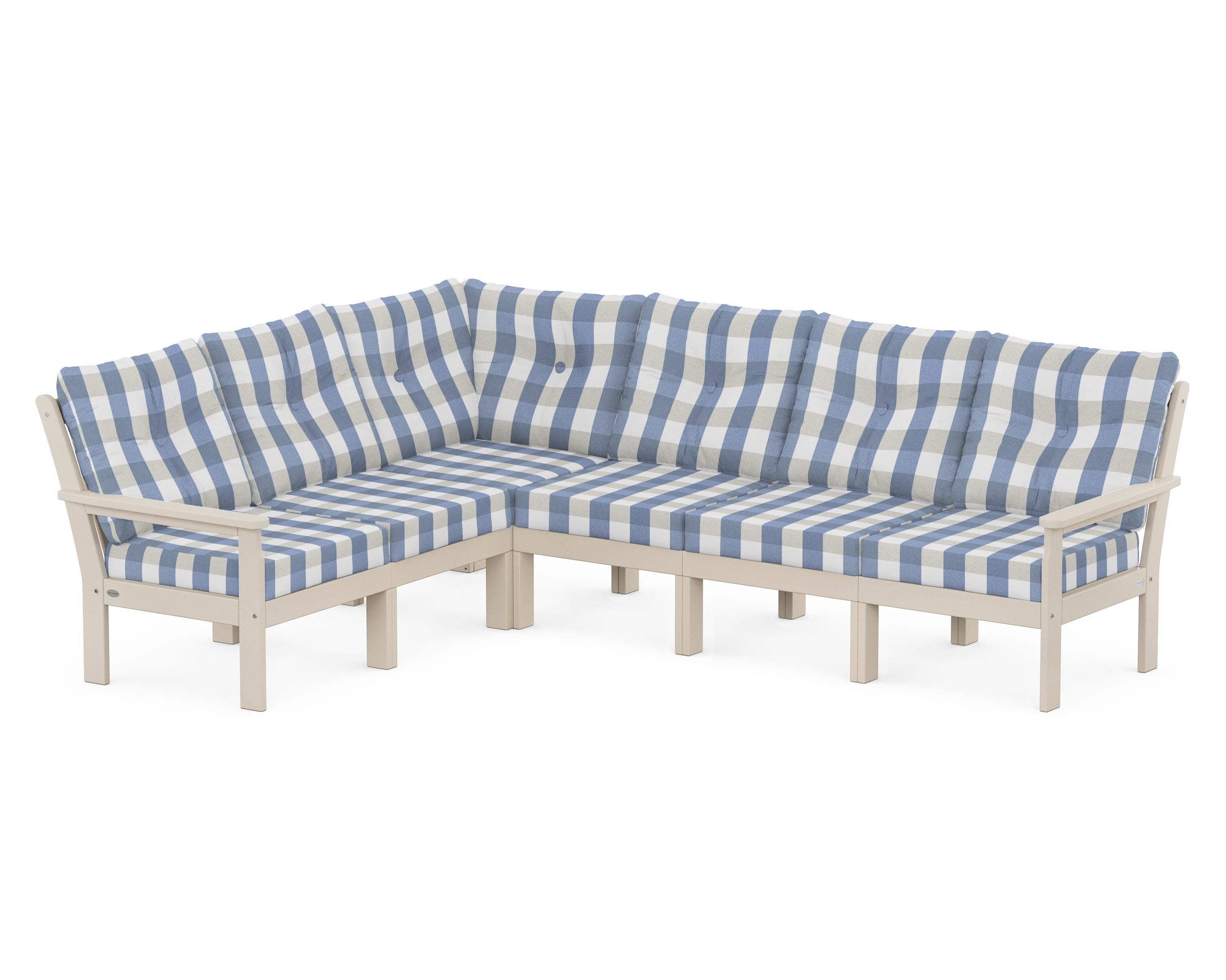 POLYWOOD® Vineyard 6-Piece Sectional in Sand / Buffalo Plaid Sky Blue