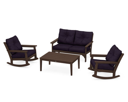 POLYWOOD® Vineyard 4-Piece Deep Seating Rocking Chair Set in Mahogany / Navy Linen