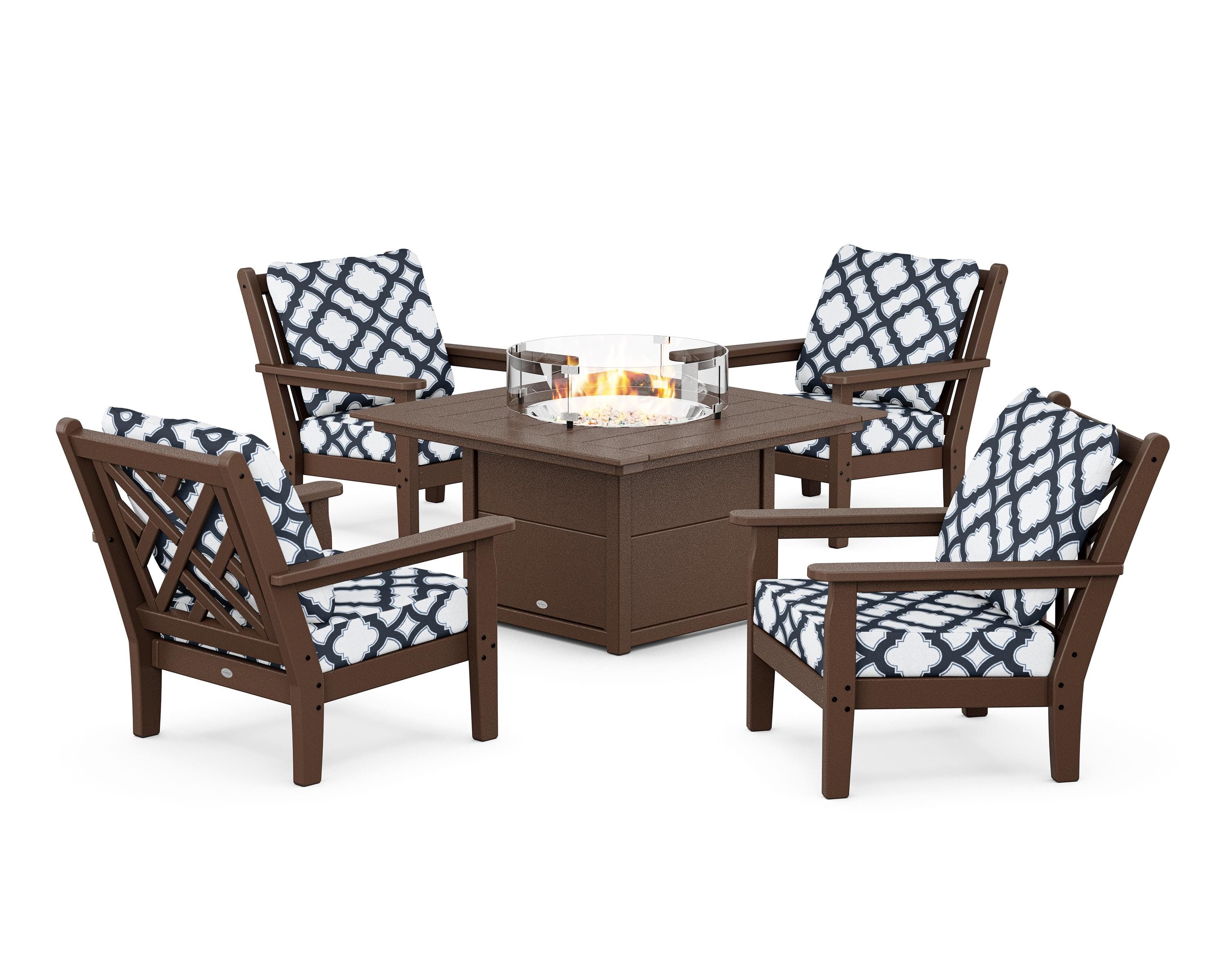 POLYWOOD® Chippendale 5-Piece Deep Seating Set with Fire Pit Table in Mahogany / Trellis Marine Indigo