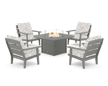 POLYWOOD® Lakeside 5-Piece Deep Seating Set with Nautical Fire Pit Table in Slate Grey / Trellis Dune Burlap