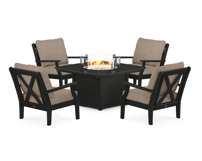 POLYWOOD® Braxton 5-Piece Deep Seating Conversation Set with Fire Pit Table in Black / Spiced Burlap