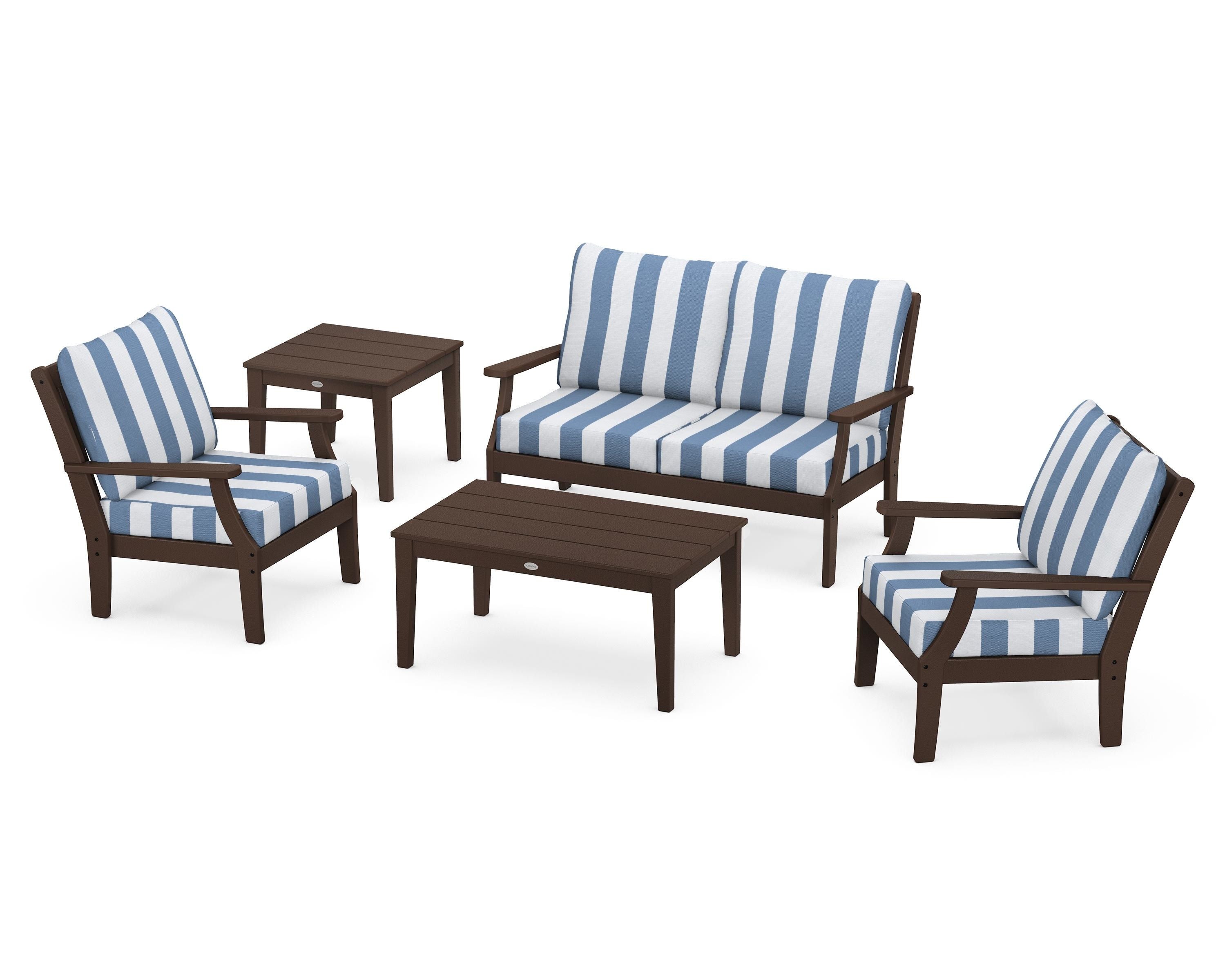 POLYWOOD® Braxton 5-Piece Deep Seating Set in Mahogany / Cabana Stripe Sky Blue