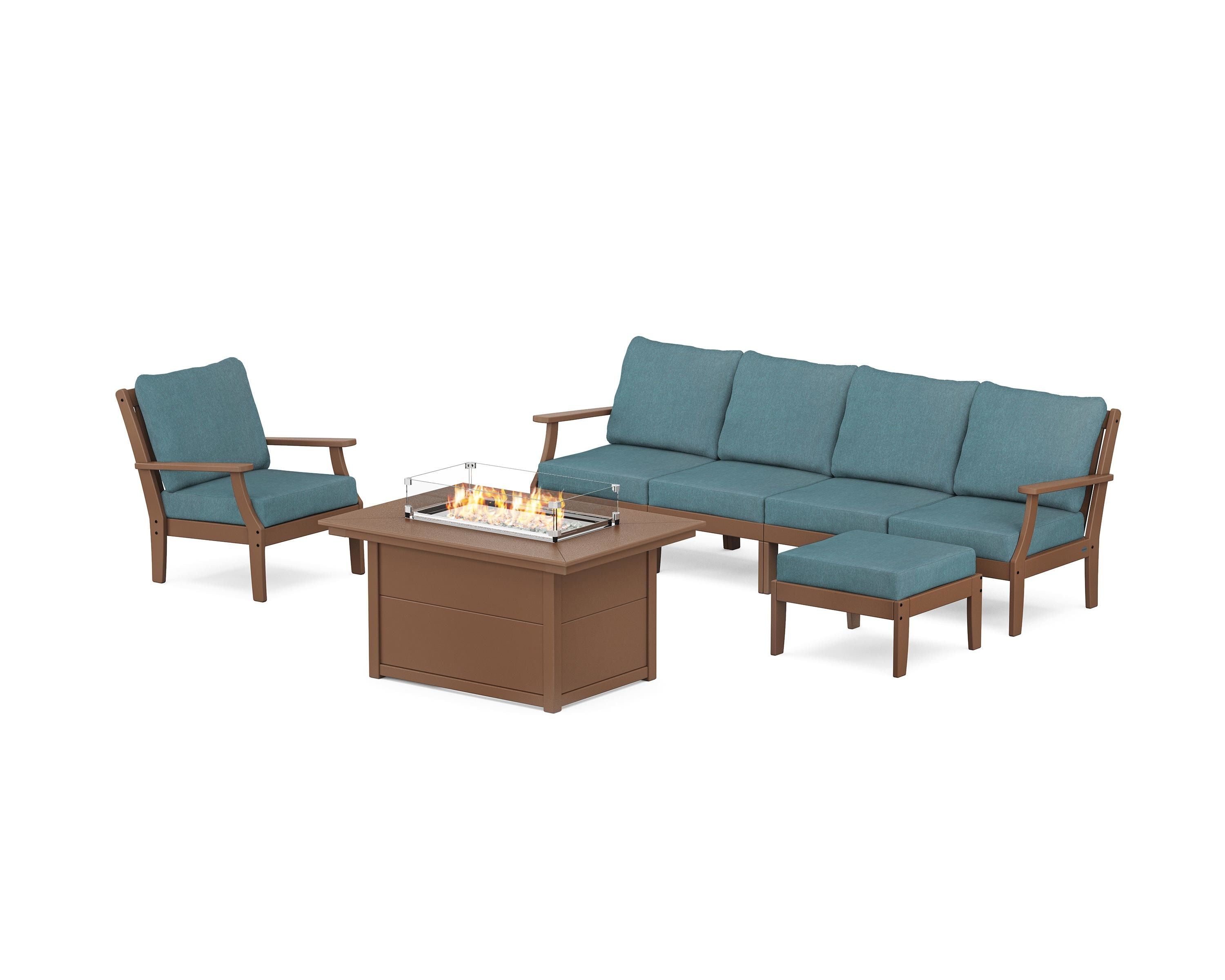 POLYWOOD® Braxton Sectional Lounge and Fire Pit Set in Teak / Ocean Teal