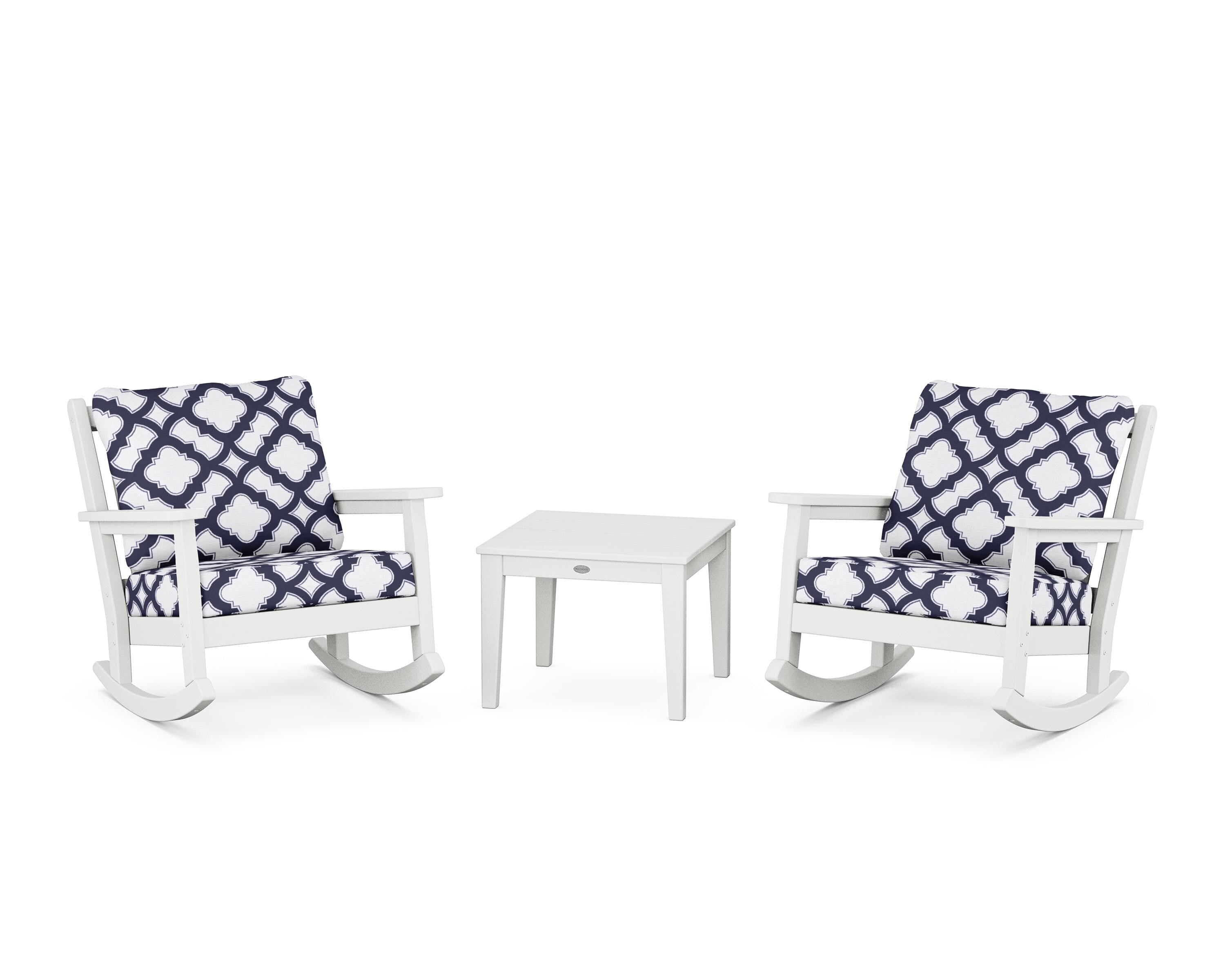 POLYWOOD® Chippendale 3-Piece Deep Seating Rocker Set in White / Trellis Navy