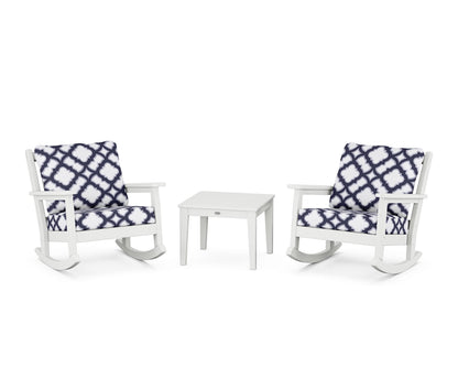 POLYWOOD® Chippendale 3-Piece Deep Seating Rocker Set in White / Trellis Navy
