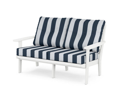 POLYWOOD® Oxford Deep Seating Loveseat in White / Cabana Stripe Marine Indigo