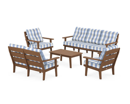 POLYWOOD® Lakeside 5-Piece Lounge Sofa Set in Teak / Buffalo Plaid Sky Blue