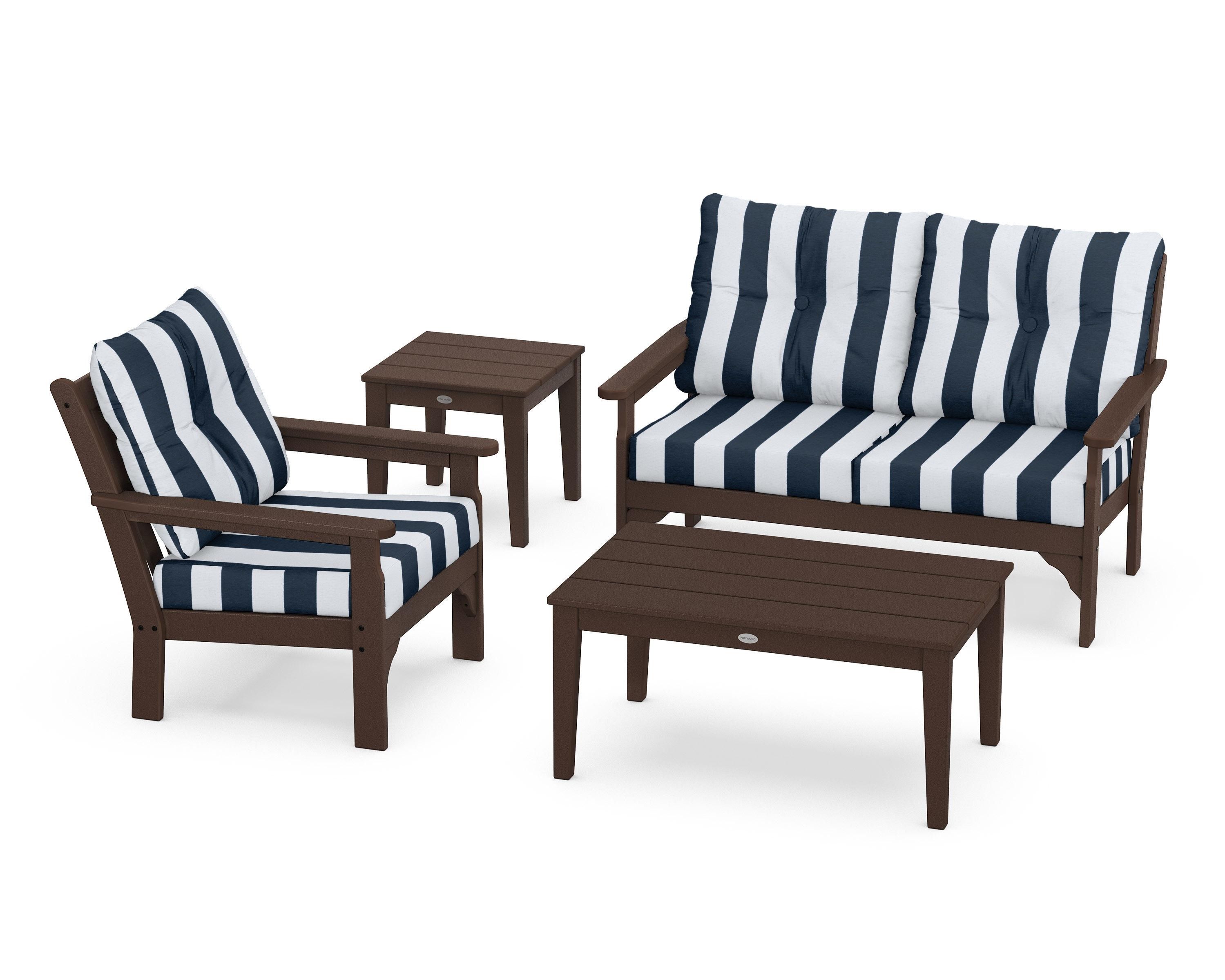 POLYWOOD® Vineyard 4-Piece Deep Seating Set in Mahogany / Cabana Stripe Marine Indigo