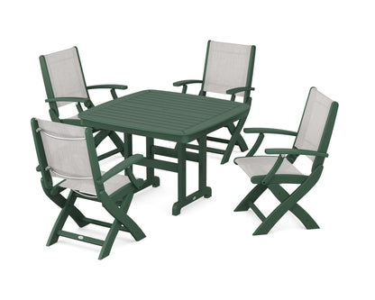 POLYWOOD® Coastal Folding Chair 5-Piece Dining Set in Green / Parchment Sling