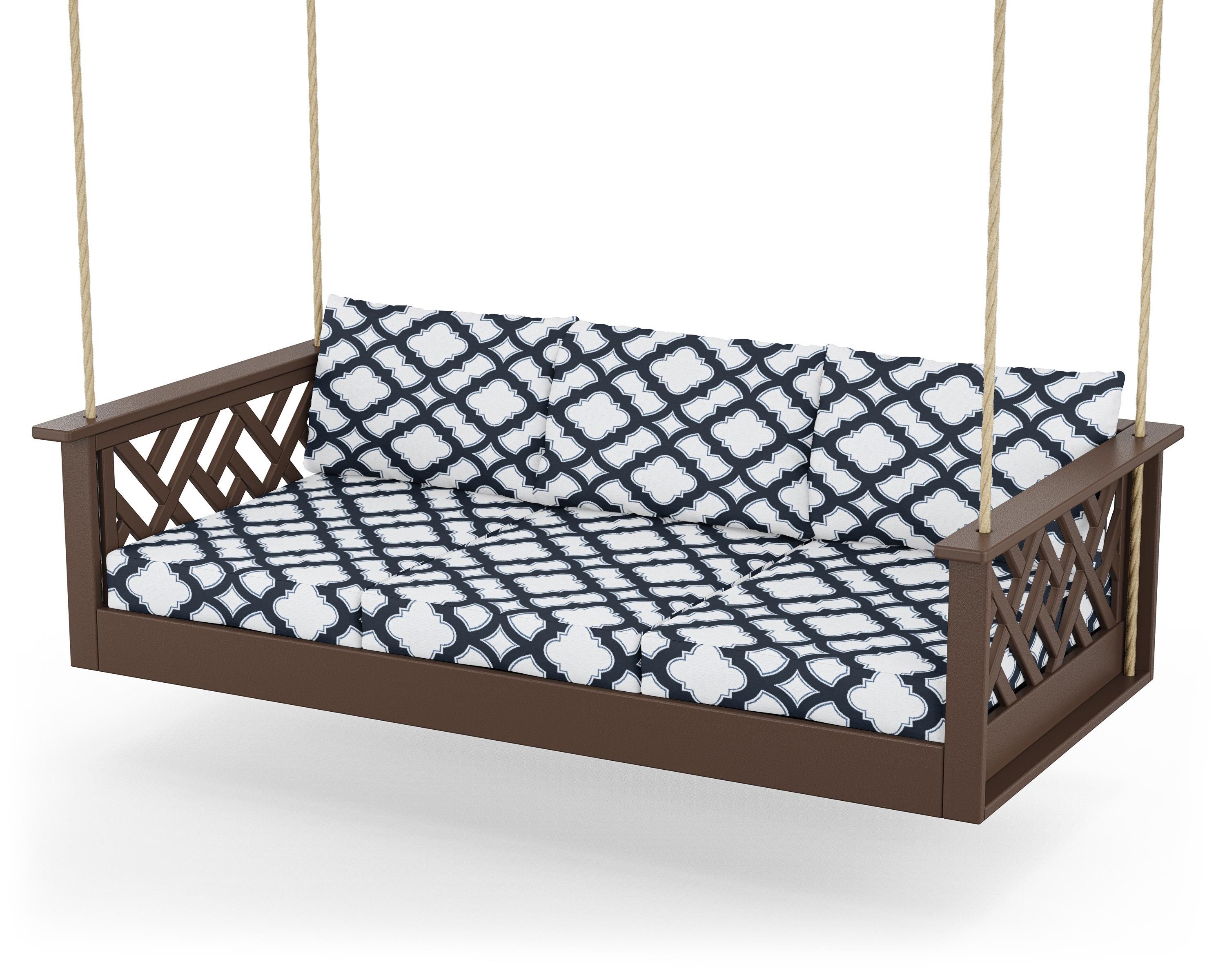 POLYWOOD® Chippendale Daybed Swing in Mahogany / Trellis Marine Indigo
