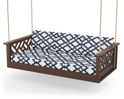 POLYWOOD® Chippendale Daybed Swing in Mahogany / Trellis Marine Indigo