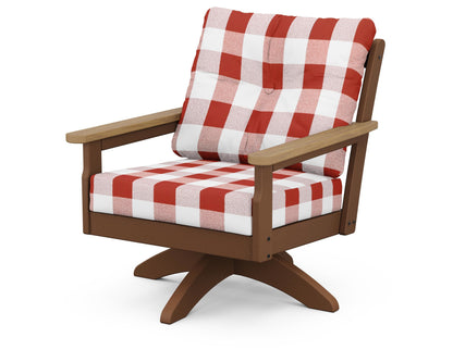POLYWOOD® Vineyard Deep Seating Swivel Chair in Teak / Natural / Buffalo Plaid Crimson