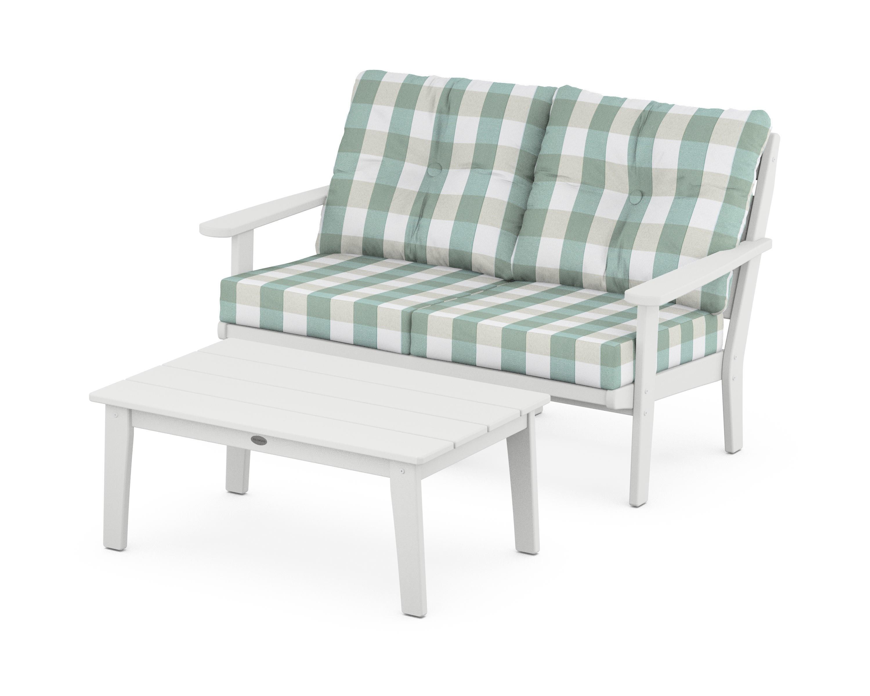 POLYWOOD® Lakeside 2-Piece Lounge Loveseat Set in White / Buffalo Plaid Glacier Spa