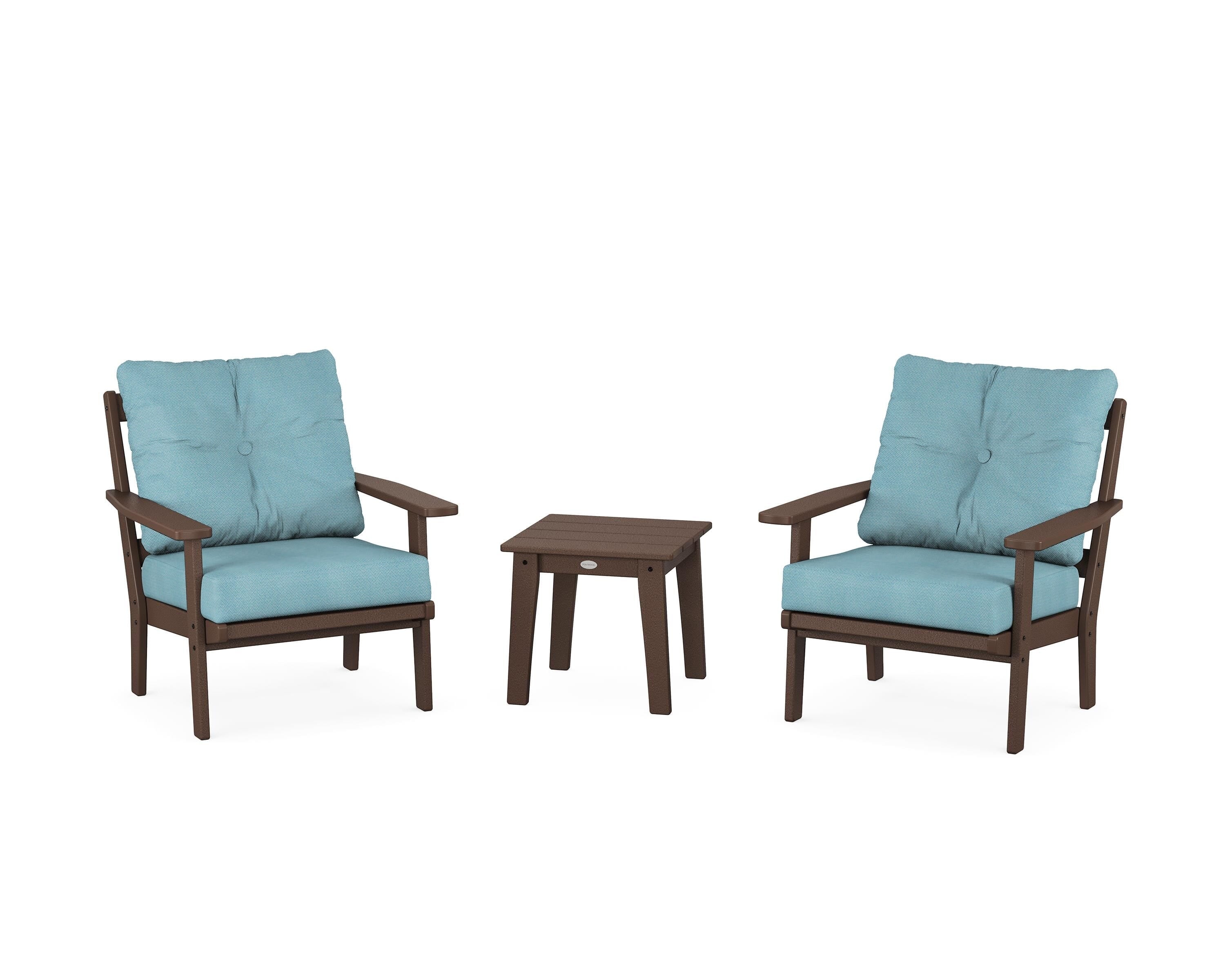 POLYWOOD® Oxford 3-Piece Deep Seating Set in Mahogany / Lattice Sky Blue