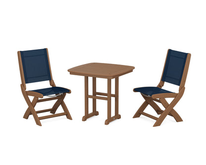 POLYWOOD® Coastal Folding Side Chair 3-Piece Dining Set in Teak / Navy Blue Sling
