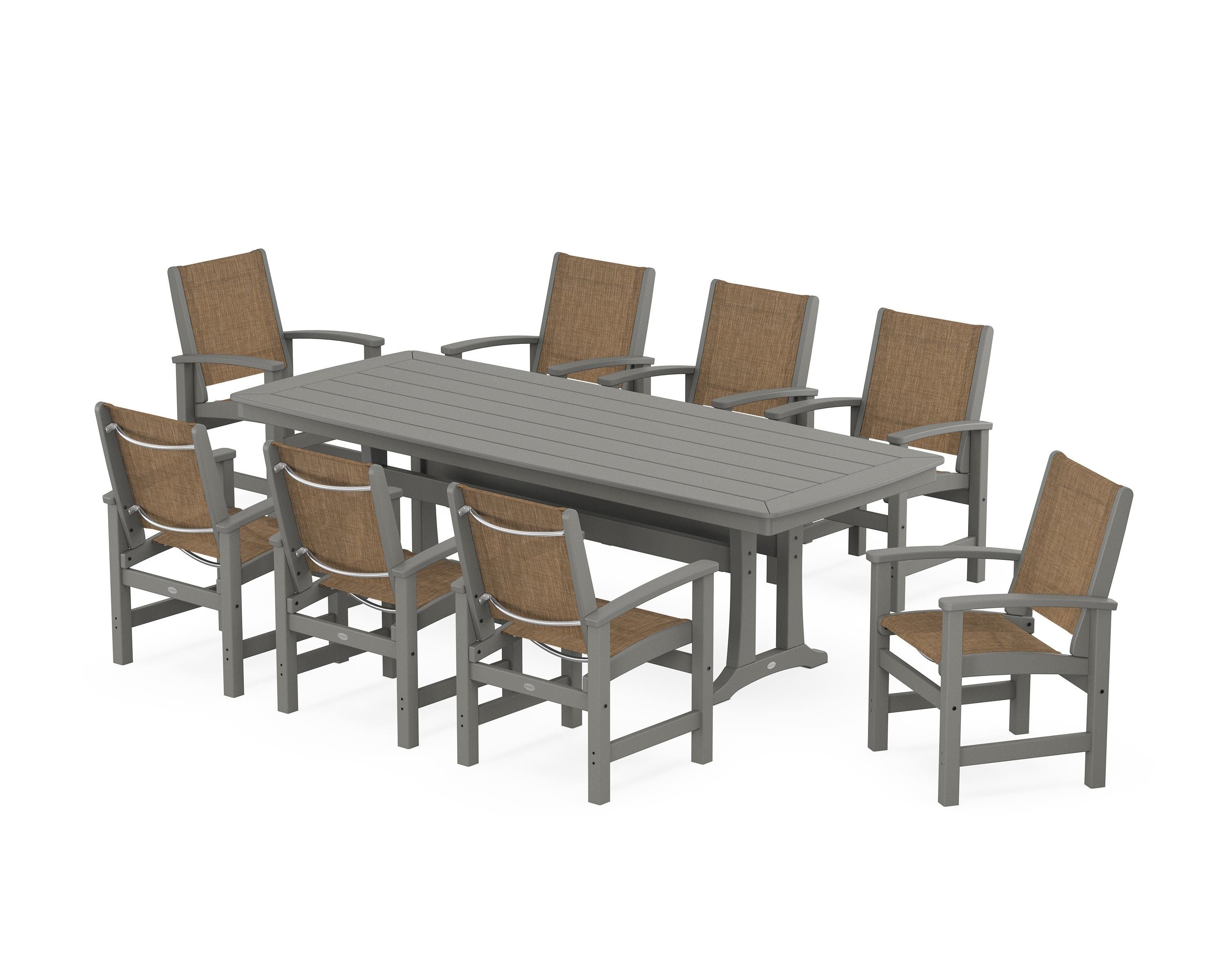 POLYWOOD® Coastal 9-Piece Dining Set with Trestle Legs in Slate Grey / Burlap Sling