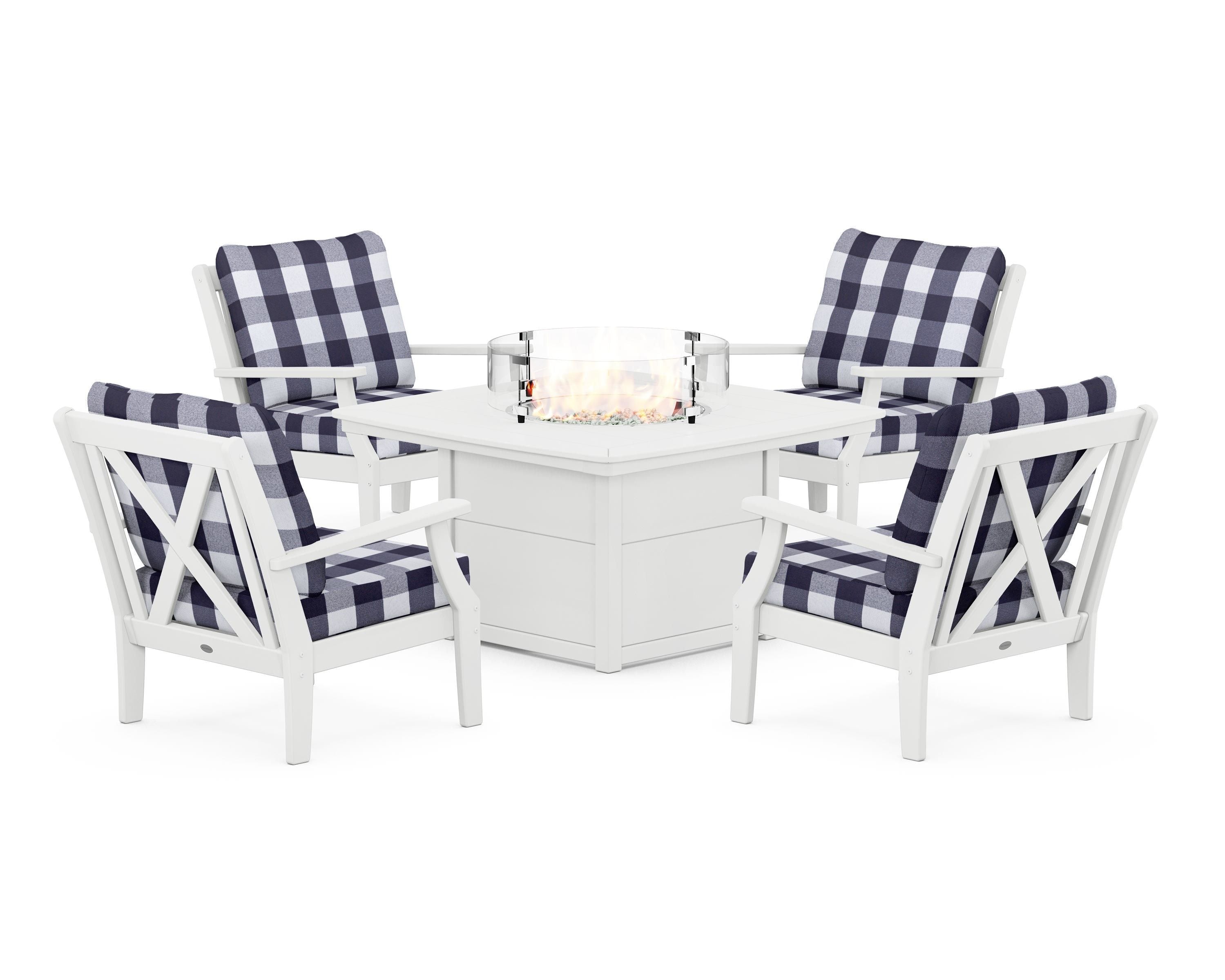 POLYWOOD® Braxton 5-Piece Deep Seating Conversation Set with Fire Pit Table in White / Buffalo Plaid Navy