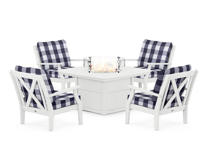 POLYWOOD® Braxton 5-Piece Deep Seating Conversation Set with Fire Pit Table in White / Buffalo Plaid Navy