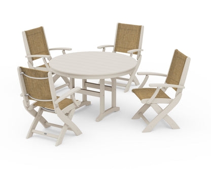 POLYWOOD® Coastal Folding Chair 5-Piece Round Dining Set in Sand / Burlap Sling