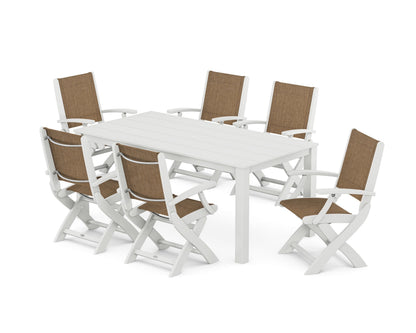 POLYWOOD® Coastal Folding Chair 7-Piece Parsons Dining Set in White / Burlap Sling