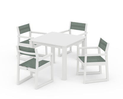 POLYWOOD® EDGE Sling Arm Chair 5-Piece Parsons Dining Set in White / Dupioni Sea Mist Sling