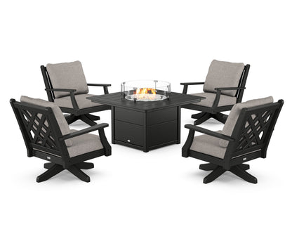 Country Living Wovendale 5-Piece Deep Seating Swivel Conversation Set with Fire Pit Table in Black / Weathered Tweed