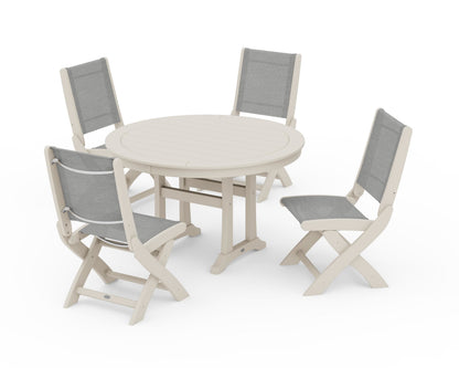 POLYWOOD® Coastal Folding Side Chair 5-Piece Round Dining Set With Trestle Legs in Sand / Metallic Sling