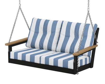 POLYWOOD® Vineyard Deep Seating Swing in Black / Natural / Cabana Stripe Sky Blue