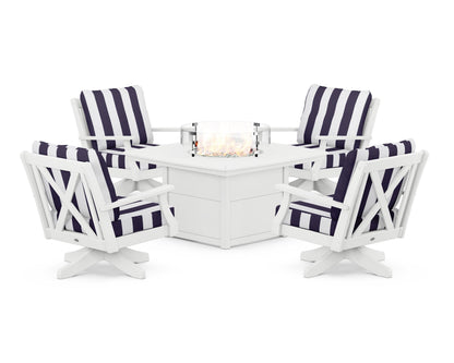 POLYWOOD® Braxton 5-Piece Deep Seating Swivel Conversation Set with Fire Pit Table in White / Cabana Stripe Navy
