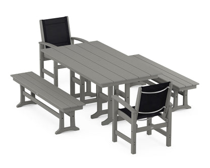 POLYWOOD® Coastal 5-Piece Farmhouse Dining Set in Slate Grey / Black Sling