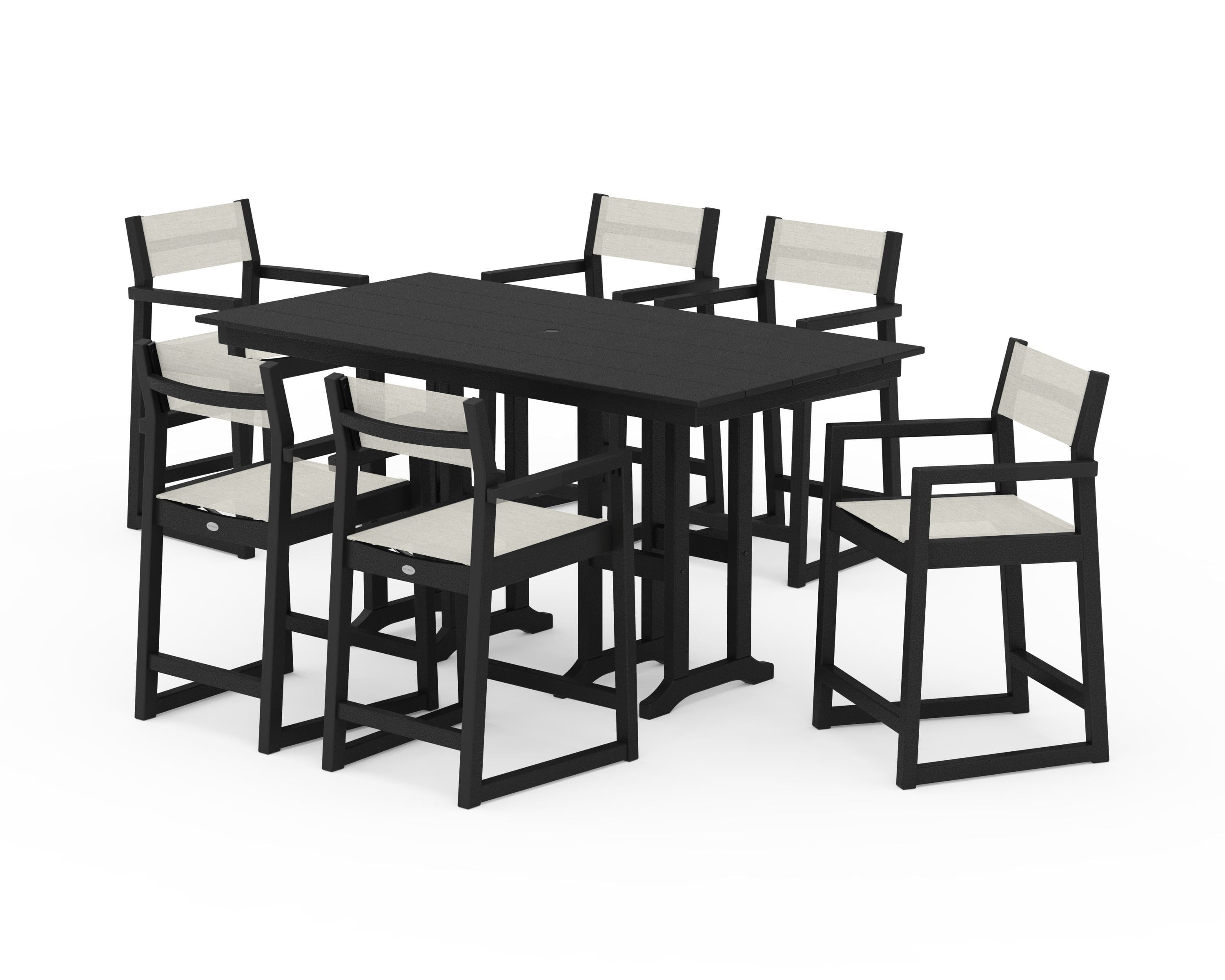 POLYWOOD® EDGE Sling Arm Chair 7-Piece Farmhouse Counter Set in Black / Parchment Sling