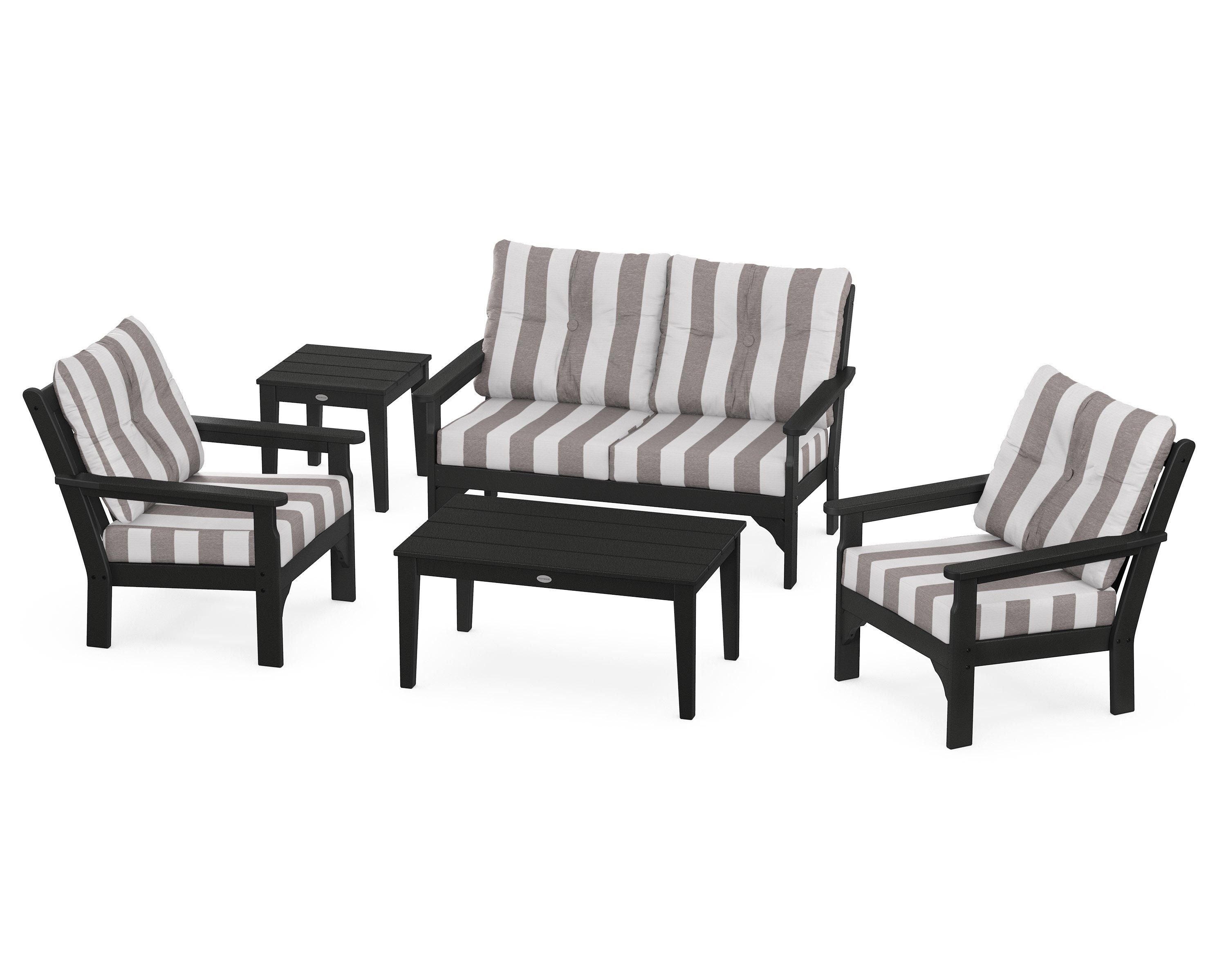 POLYWOOD® Vineyard 5-Piece Deep Seating Set in Black / Cabana Stripe Grey Mist