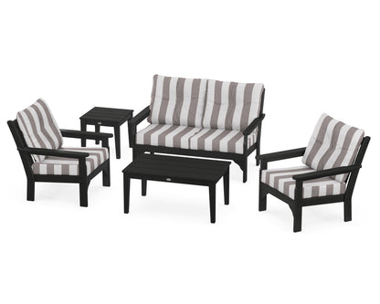 POLYWOOD® Vineyard 5-Piece Deep Seating Set in Black / Cabana Stripe Grey Mist