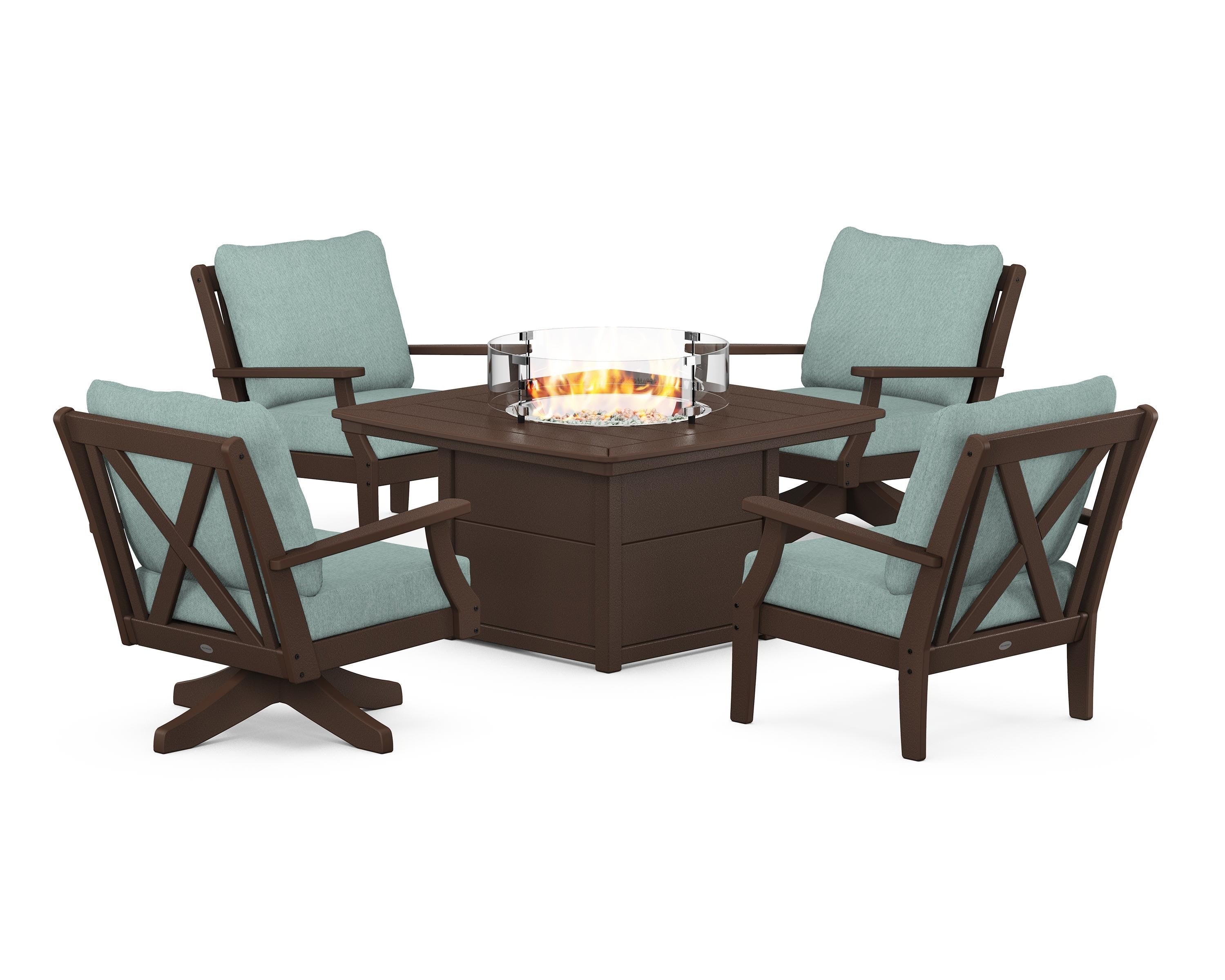 POLYWOOD® Braxton 5-Piece Deep Seating Set with Fire Table in Mahogany / Glacier Spa