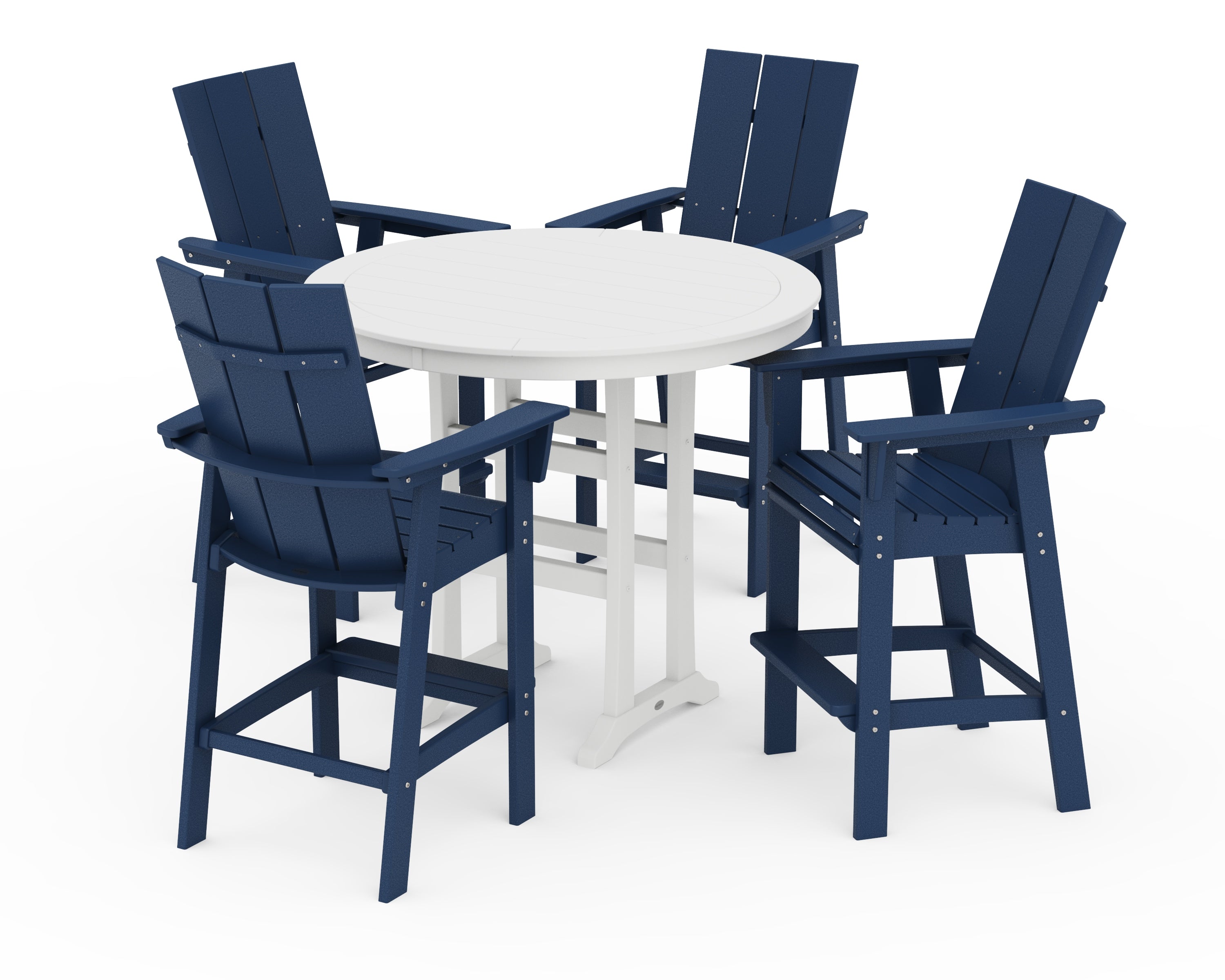 POLYWOOD® Modern Curveback Adirondack 5-Piece Nautical Trestle Bar Set in Navy / White