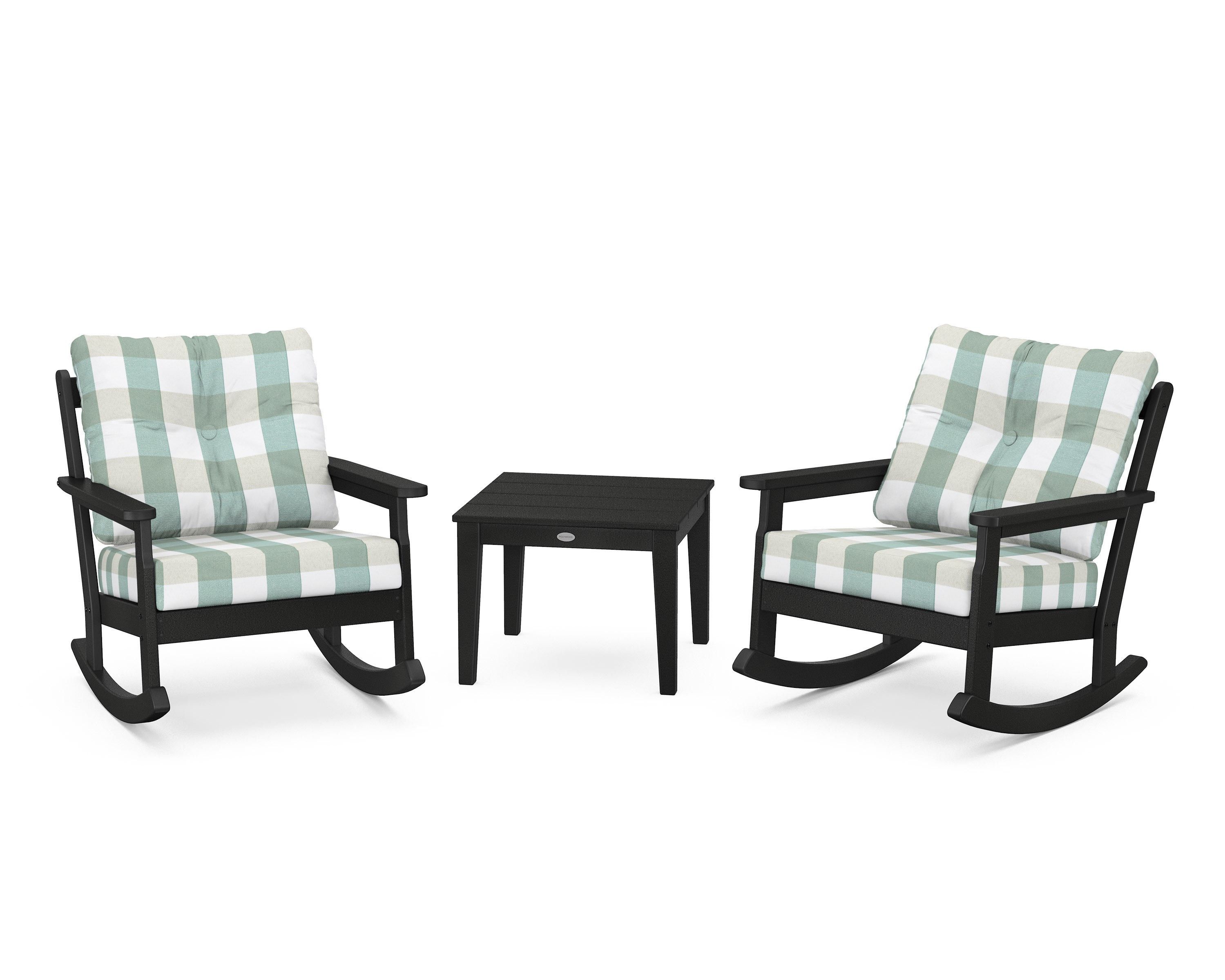 POLYWOOD® Vineyard 3-Piece Deep Seating Rocker Set in Black / Buffalo Plaid Glacier Spa