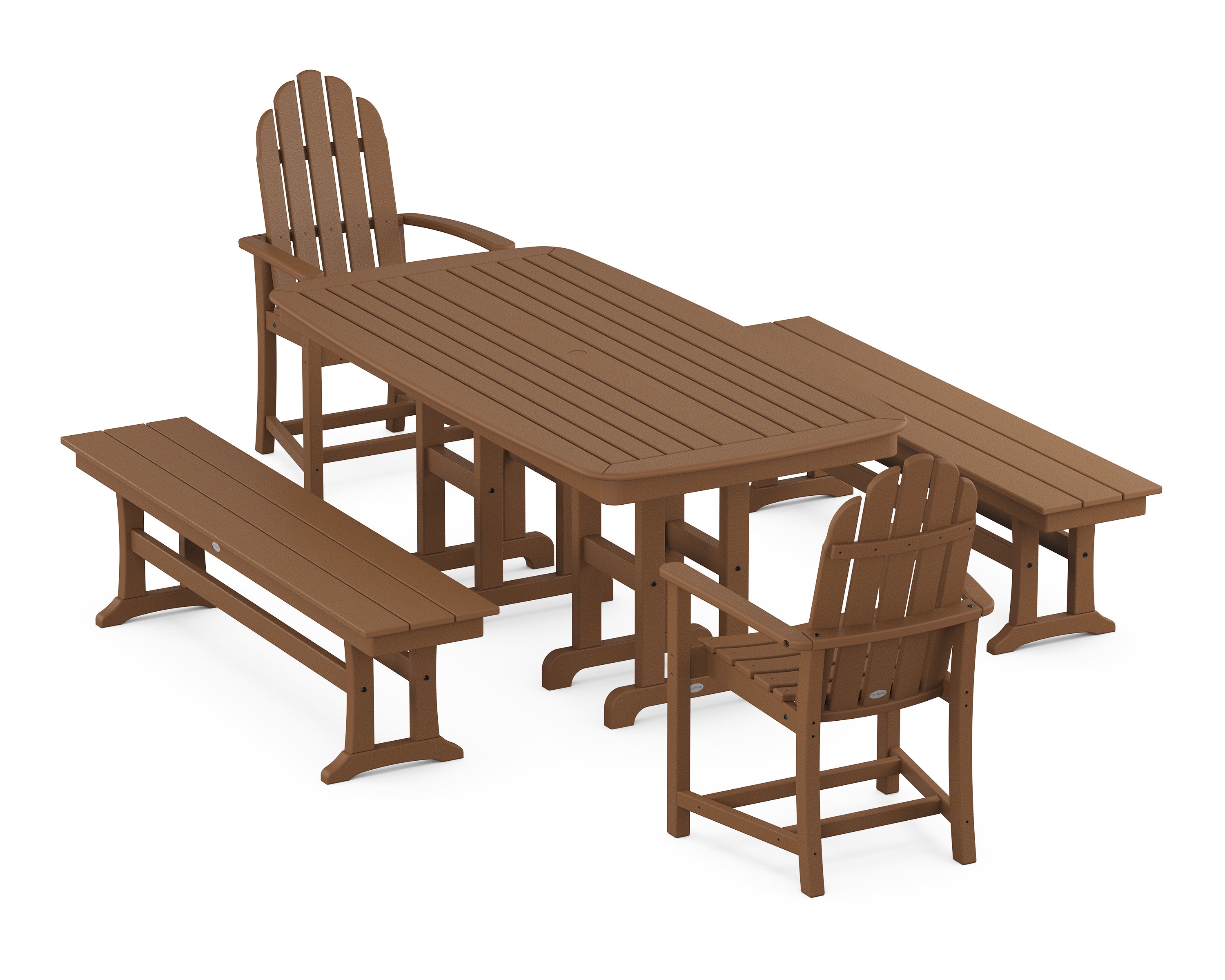POLYWOOD® Classic Adirondack 5-Piece Dining Set with Benches in Teak