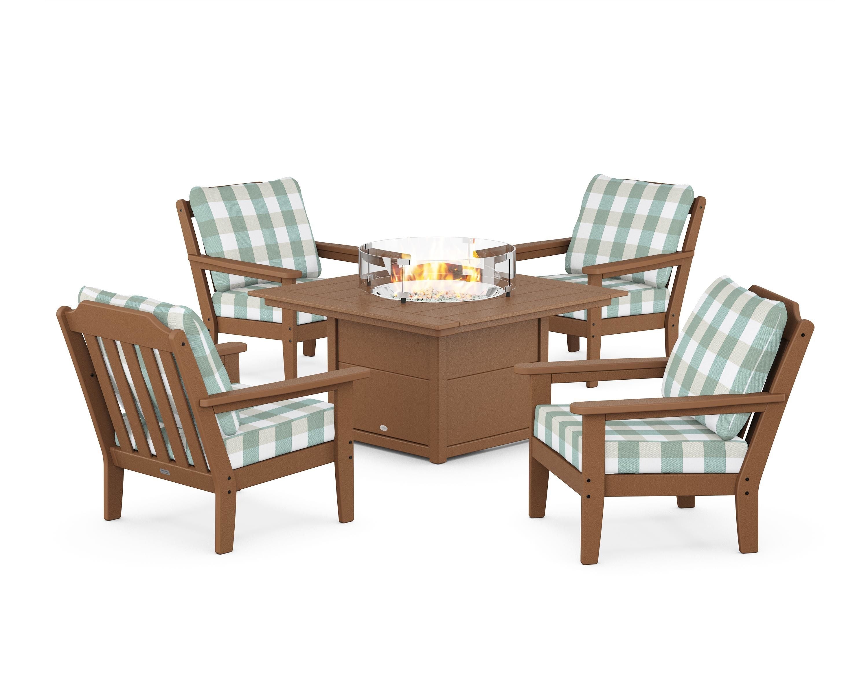 Country Living Cottage 5-Piece Deep Seating Set with Fire Pit Table in Teak / Buffalo Plaid Glacier Spa