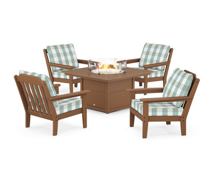 Country Living Cottage 5-Piece Deep Seating Set with Fire Pit Table in Teak / Buffalo Plaid Glacier Spa