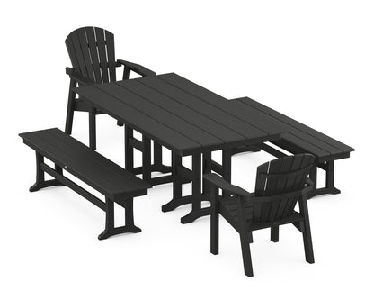 POLYWOOD® Seashell 5-Piece Farmhouse Dining Set with Benches in Black