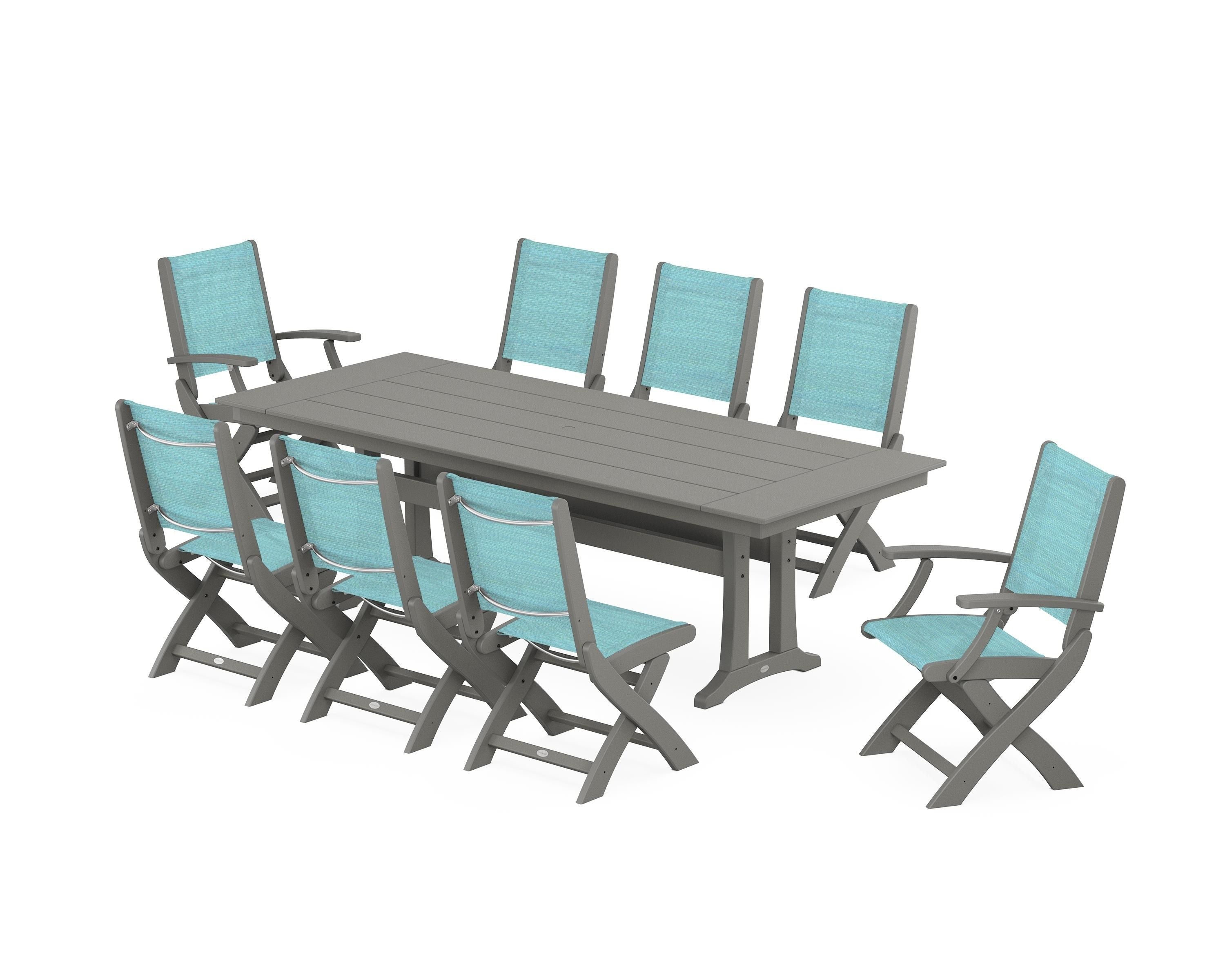 POLYWOOD® Coastal 9-Piece Folding Dining Chair Farmhouse Dining Set with Trestle Legs in Slate Grey / Dupioni Aquamarine Sling