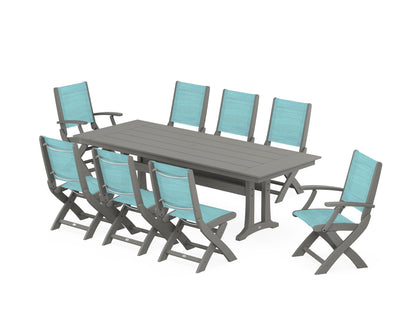POLYWOOD® Coastal 9-Piece Folding Dining Chair Farmhouse Dining Set with Trestle Legs in Slate Grey / Dupioni Aquamarine Sling