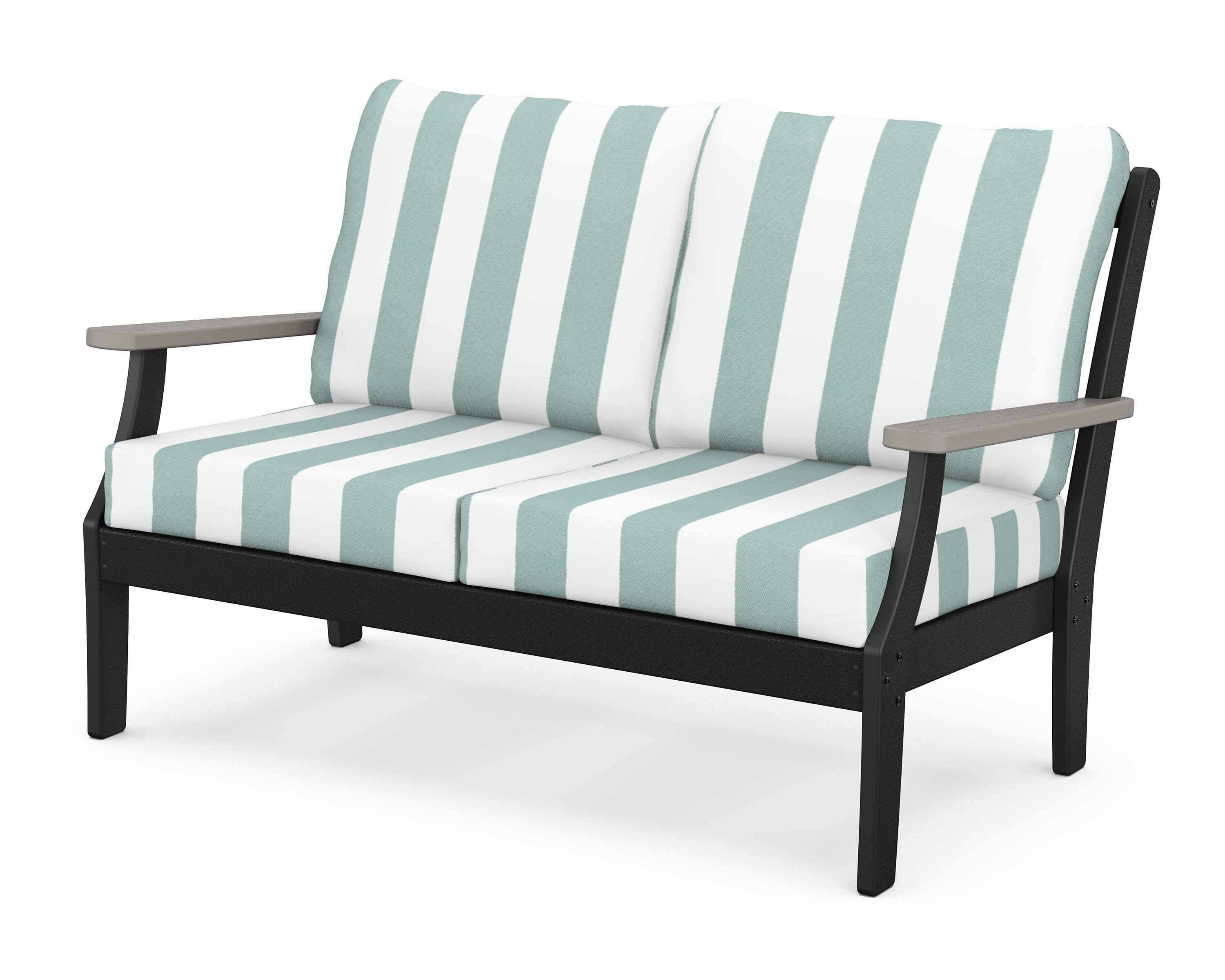 POLYWOOD® Braxton Deep Seating Loveseat in Black / Driftwood / Cabana Stripe Glacier Spa