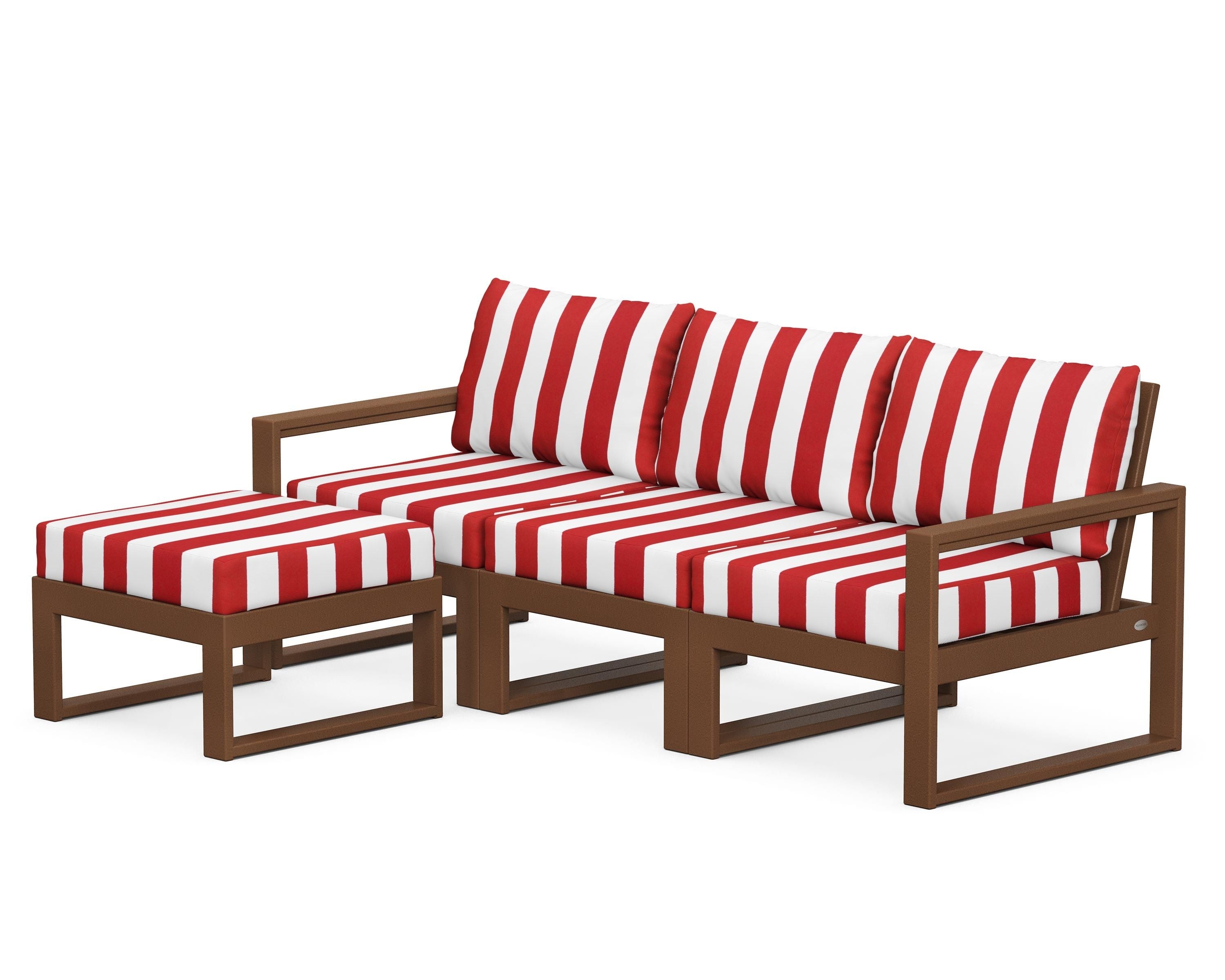 POLYWOOD® EDGE 4-Piece Modular Deep Seating Set with Ottoman in Teak / Cabana Stripe Crimson