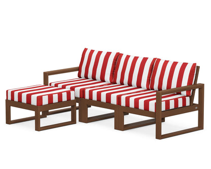 POLYWOOD® EDGE 4-Piece Modular Deep Seating Set with Ottoman in Teak / Cabana Stripe Crimson